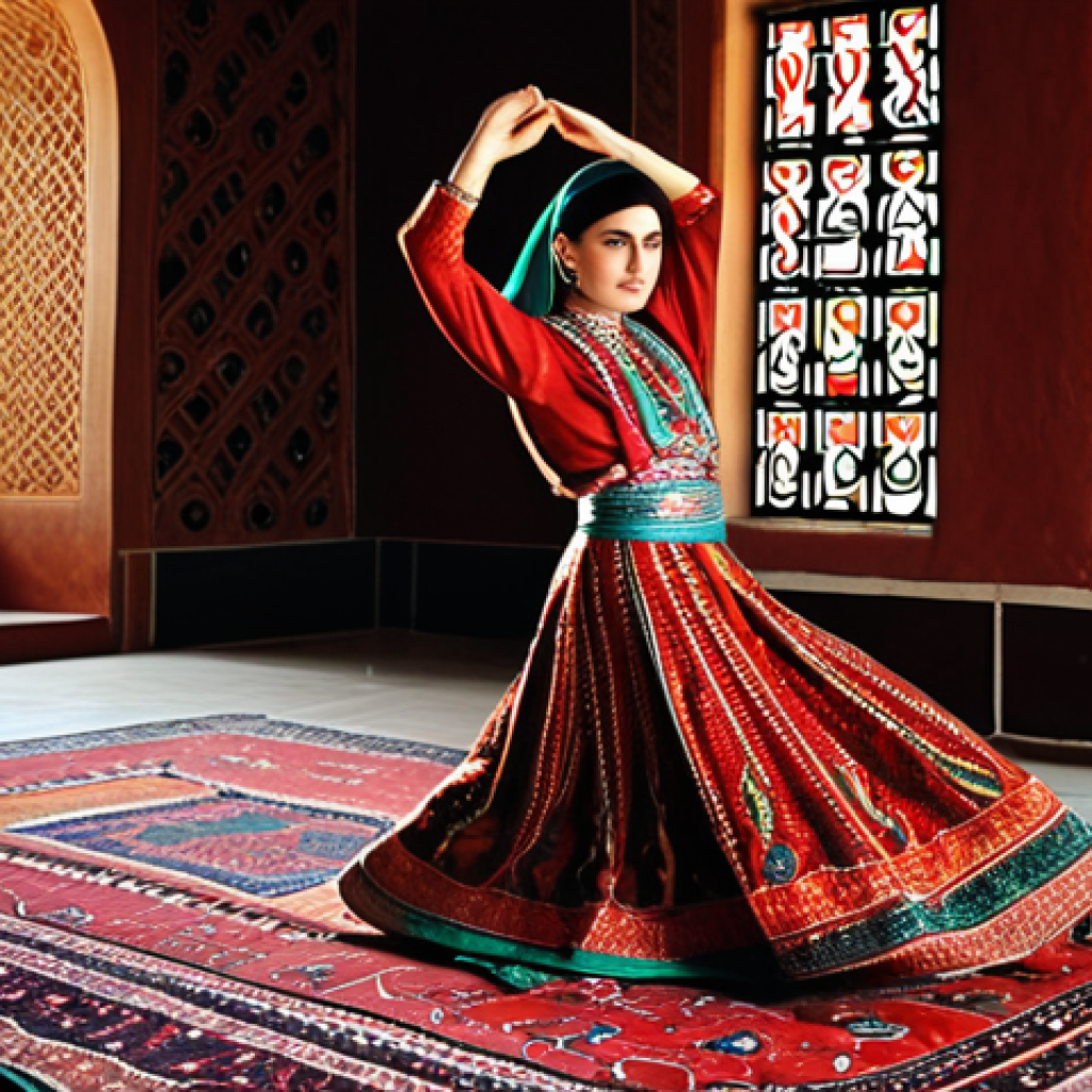 **

A Turkmen dancer in traditional attire performing a graceful movement that echoes the patterns of a vibrant Turkmen carpet. The carpet design should be visible in the background, maybe blurred, connecting the dance to the art of carpet weaving. Focus on rich colors and intricate details in both the costume and the carpet.

**