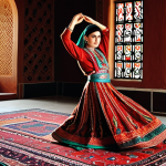 **

A Turkmen dancer in traditional attire performing a graceful movement that echoes the patterns of a vibrant Turkmen carpet. The carpet design should be visible in the background, maybe blurred, connecting the dance to the art of carpet weaving. Focus on rich colors and intricate details in both the costume and the carpet.

**