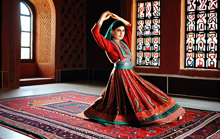 **
A Turkmen dancer in traditional attire performing a graceful movement that echoes the patterns of a vibrant Turkmen carpet. The carpet design should be visible in the background, maybe blurred, connecting the dance to the art of carpet weaving. Focus on rich colors and intricate details in both the costume and the carpet.
**