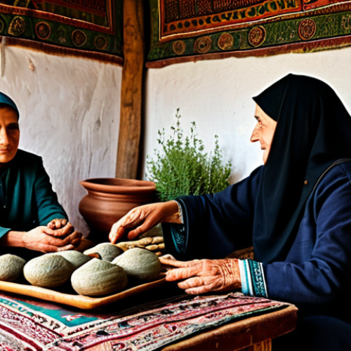 A wise, elderly Turkmen woman with a serene, compassionate expression, dressed in modest, traditional attire, is gently guiding a young woman in identifying dried medicinal herbs. They are seated comfortably on traditional cushions around a low, rustic wooden table in a sunlit, cozy Turkmen home. Bundles of aromatic herbs hang to dry in the background, alongside earthenware pots. The scene conveys warmth and the passing down of ancient wisdom. perfect anatomy, correct proportions, natural pose, well-formed hands, proper finger count, natural body proportions, professional photography, high detail, warm ambient lighting, safe for work, appropriate content, fully clothed, modest, family-friendly.