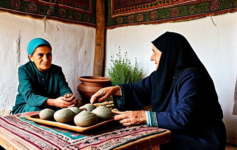 A wise, elderly Turkmen woman with a serene, compassionate expression, dressed in modest, traditional attire, is gently guiding a young woman in identifying dried medicinal herbs. They are seated comfortably on traditional cushions around a low, rustic wooden table in a sunlit, cozy Turkmen home. Bundles of aromatic herbs hang to dry in the background, alongside earthenware pots. The scene conveys warmth and the passing down of ancient wisdom. perfect anatomy, correct proportions, natural pose, well-formed hands, proper finger count, natural body proportions, professional photography, high detail, warm ambient lighting, safe for work, appropriate content, fully clothed, modest, family-friendly.