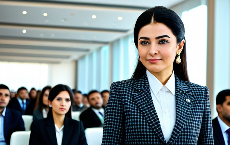**
"A well-dressed Turkmen businesswoman in modern professional attire, fully clothed, attending a business conference in Ashgabat. The background shows a contemporary conference hall with other attendees in modest clothing. Safe for work, appropriate content, perfect anatomy, natural proportions, professional, modest, family-friendly, high quality."
**